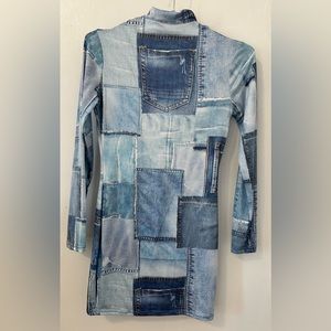 A Preowned Fashion Nova Denim mini dress mock neckline Strech, long sleeve.